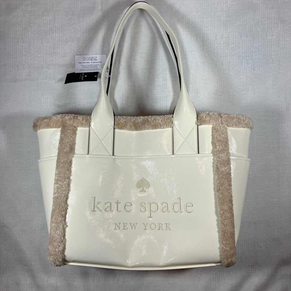NWT kate spade Jett Faux Shearling Patent Leather Large Tote, Meringue White - Picture 11 of 15